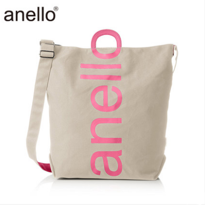 anello日本潮流大logo棉质帆布两用手提包单肩包S0061 卡其布粉字