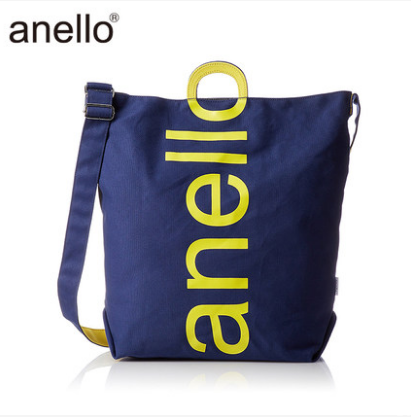 anello日本潮流大logo棉质帆布两用手提包单肩包S0061 蓝布黄字