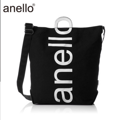 anello日本潮流大logo棉质帆布两用手提包单肩包S0061 黑布白字