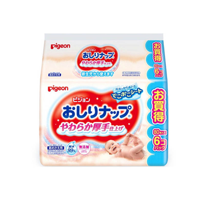 日本贝亲Pigeon日本进口婴儿湿巾清爽型80片*6包/组