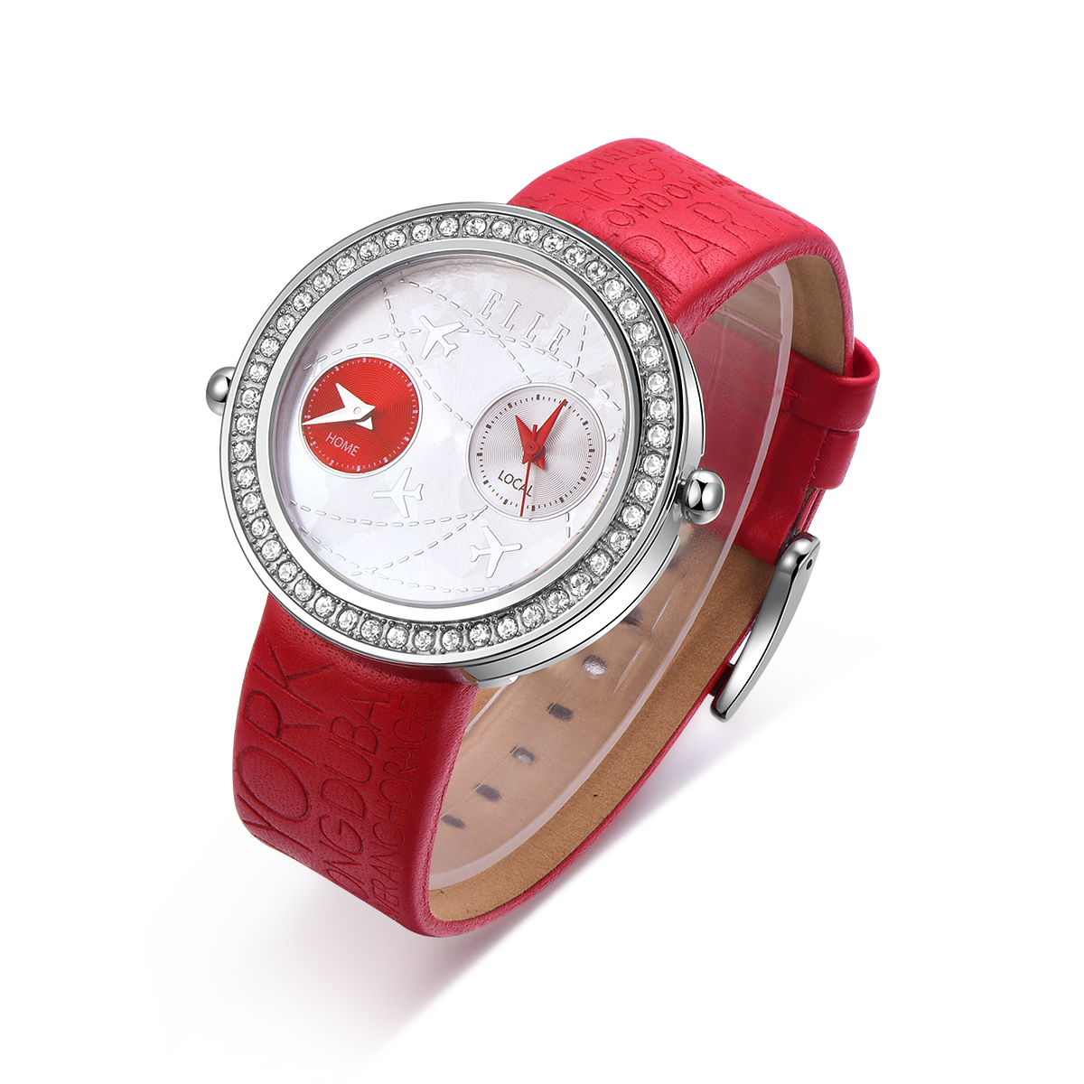 ELLE时尚复古真皮防水圆形女士手表盘镶嵌红宝石红色40表盘EL20038S30C