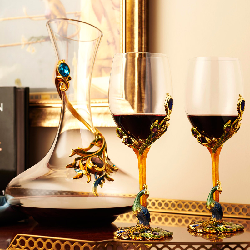 罗比罗丹创意孔雀红酒杯珐琅彩居家酒具套装高脚杯欧式葡萄酒杯三件套 醒酒器1个+高脚杯2个
