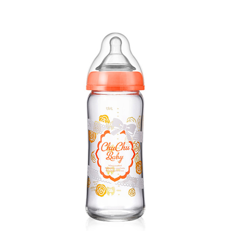 啾啾（chuchubaby）可爱妈妈宽口玻璃奶瓶240ml 橙/蕾丝