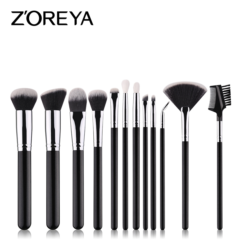 ZOREYA12支礼品化妆刷工具套装黑色人造纤维黑色木柄化妆刷套装【无包】