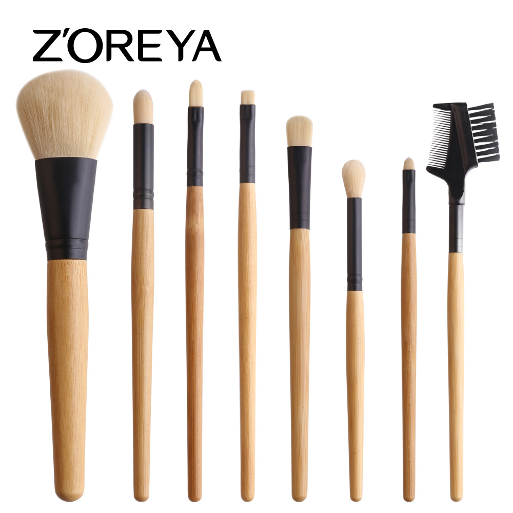 ZOREYA 8只人造纤维化妆刷环保竹子手柄化妆套刷配黑色化妆包