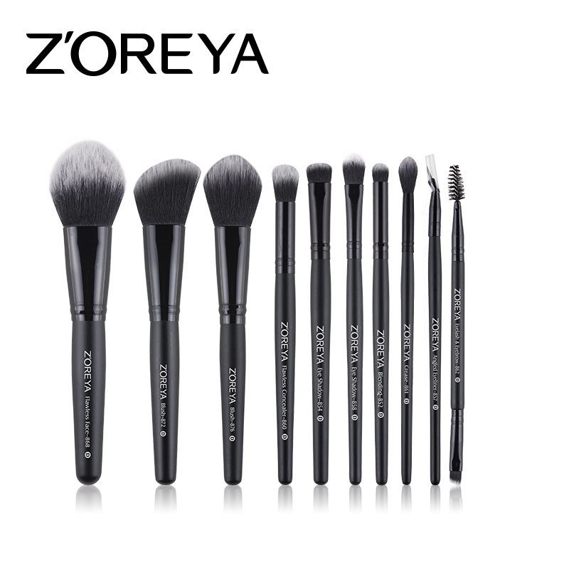 ZOREYA 10支化妆刷化妆工具经典黑色木柄人造纤维化妆套刷无包款