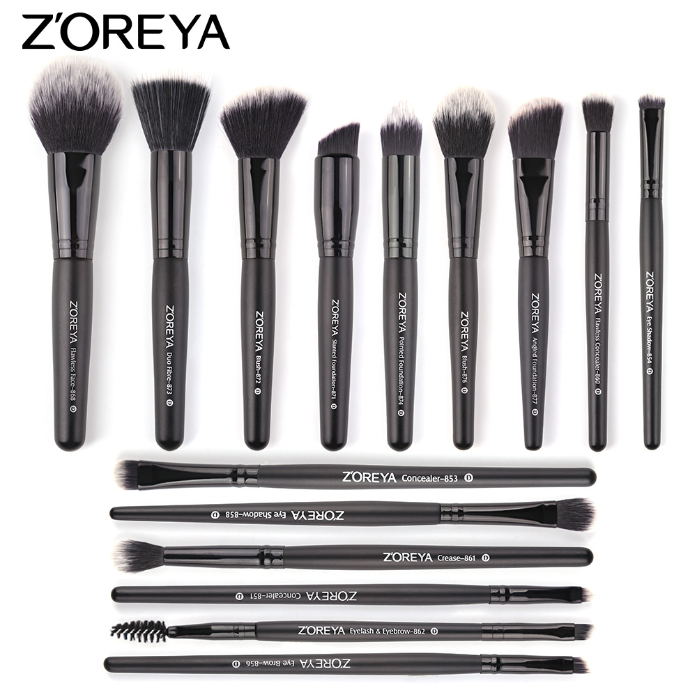 ZOREYA 15支化妆刷化妆工具经典黑色木柄人造纤维化妆套刷