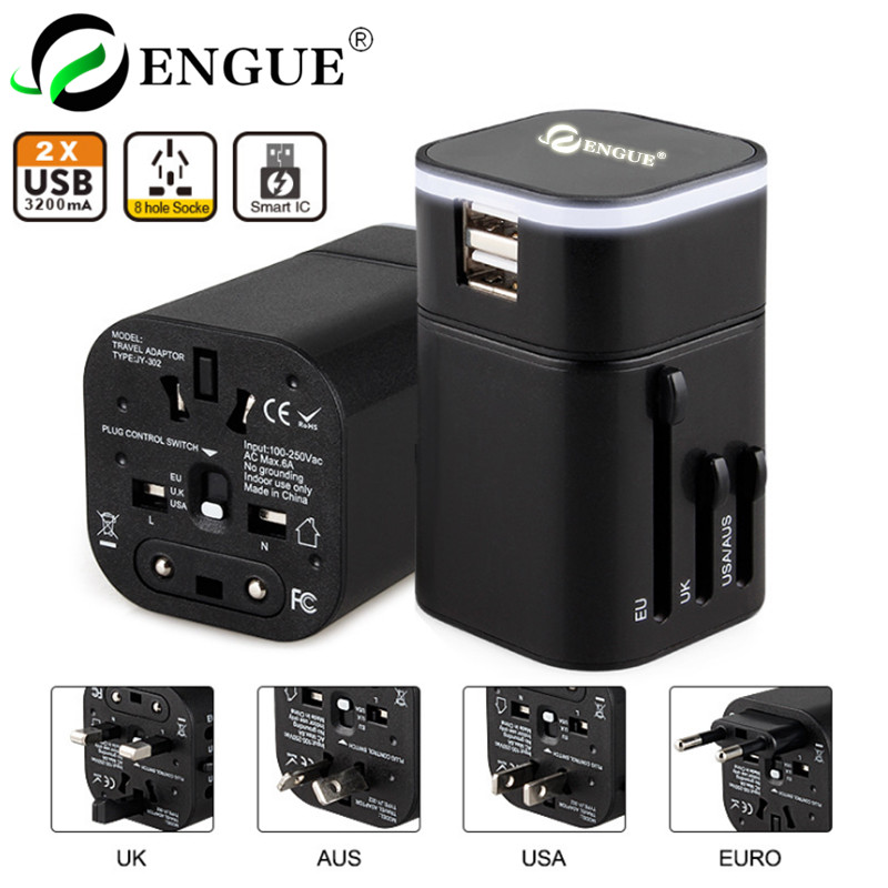 【授权商品】恩谷ENGUE 双USB全球转换器（3A） EG-701 黑色