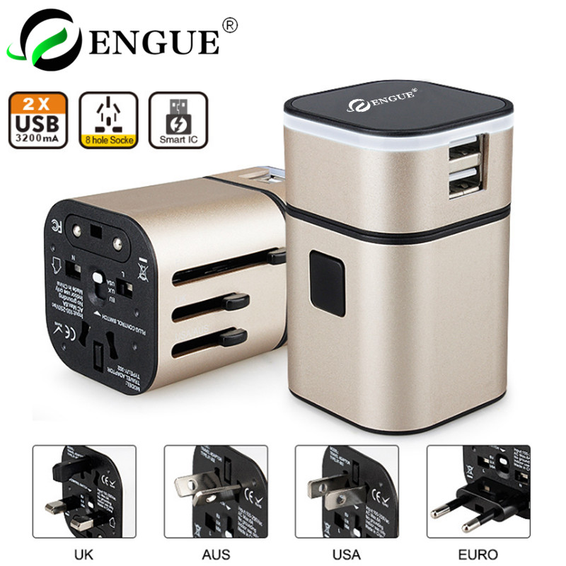 【授权商品】恩谷ENGUE 双USB全球转换器（3A） EG-701金色