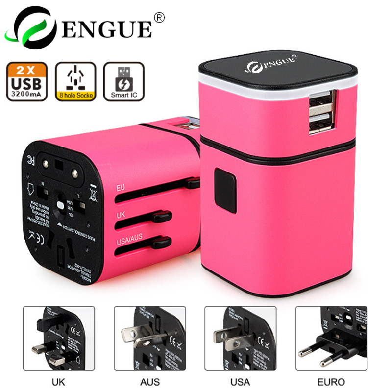【授权商品】恩谷ENGUE 双USB全球转换器（3A） EG-701粉色