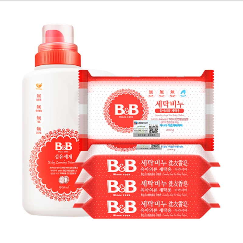 韩国进口保宁BB新生儿桶装洗衣液1.5L+洋槐皂200G*4
