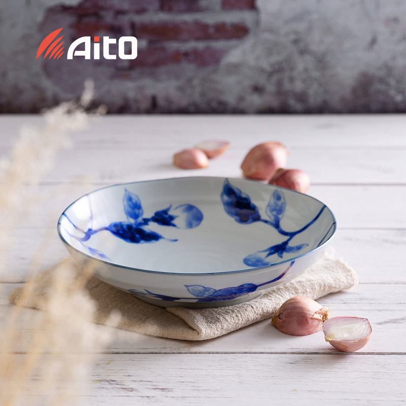 日本原产AITO Aizome Nasu蓝染茄美浓烧陶瓷饭碗大碗餐碟 浅小盘：約φ17×H4.9cm