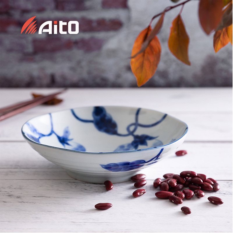 日本原产AITO Aizome Nasu蓝染茄美浓烧陶瓷饭碗大碗餐碟 深皿盘：約φ21×H5.2cm