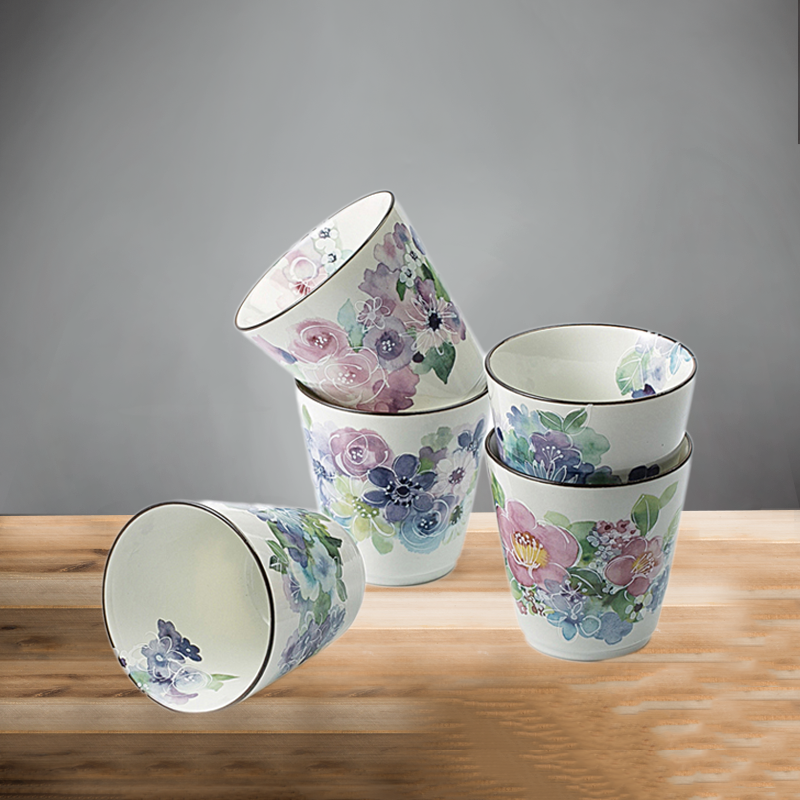 日本原产ceramic 蓝 手工陶瓷茶杯水杯 花工房5个装
