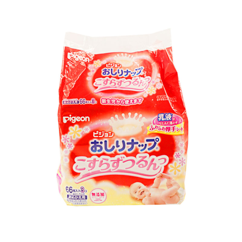 日本贝亲湿巾pigeon肤滋润儿童婴儿手口PP湿巾（添加乳液配方） 66X3包 婴儿护肤湿巾